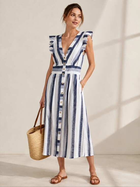 J. Crew Dresses & Skirts - J.Crew Point Sur Linen Striped Midi Dress Size 6 Button Front Pockets Coastal